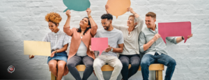 people holding chat icons, symbolizing a voice of the customer program